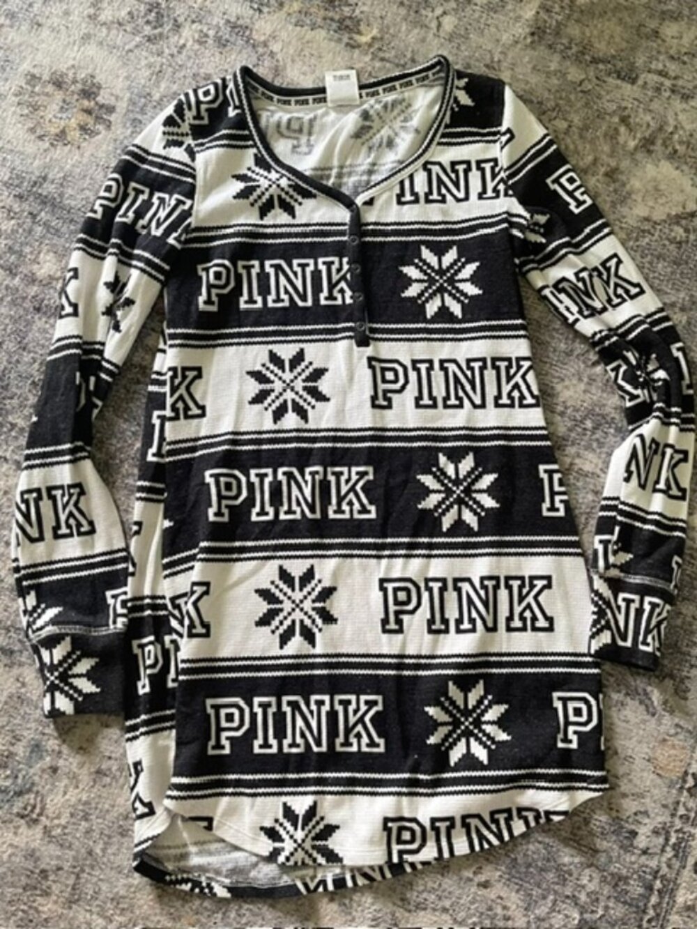 Victoria's Secret Pink Small Thermal Pajama Sleepshirt Black White Fair Isle T7